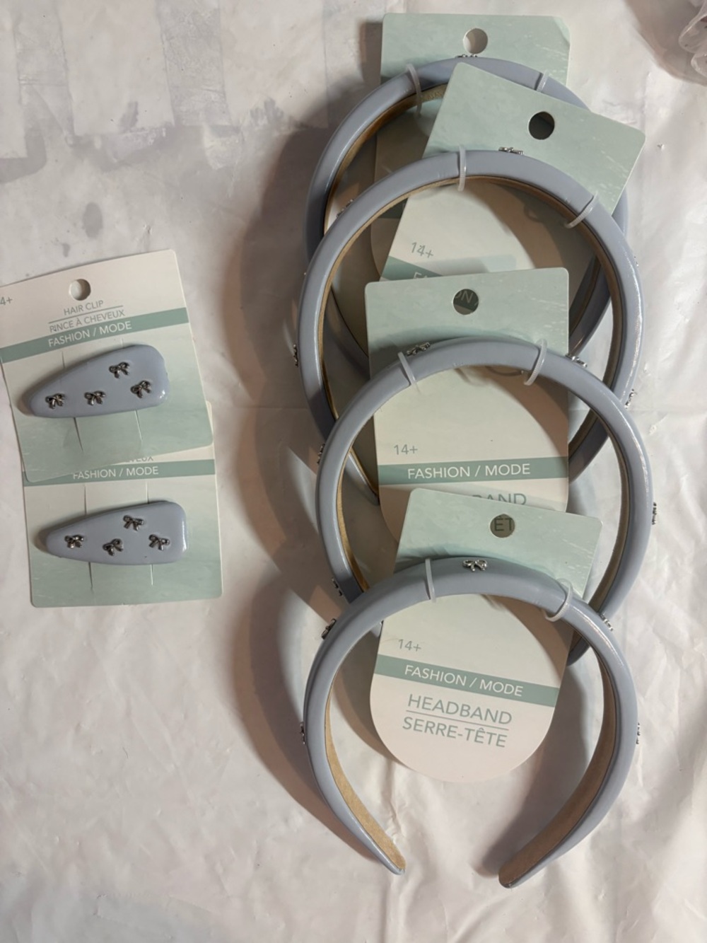 4 light Gray Padded Headbands with 4 Matching Hair Clips
